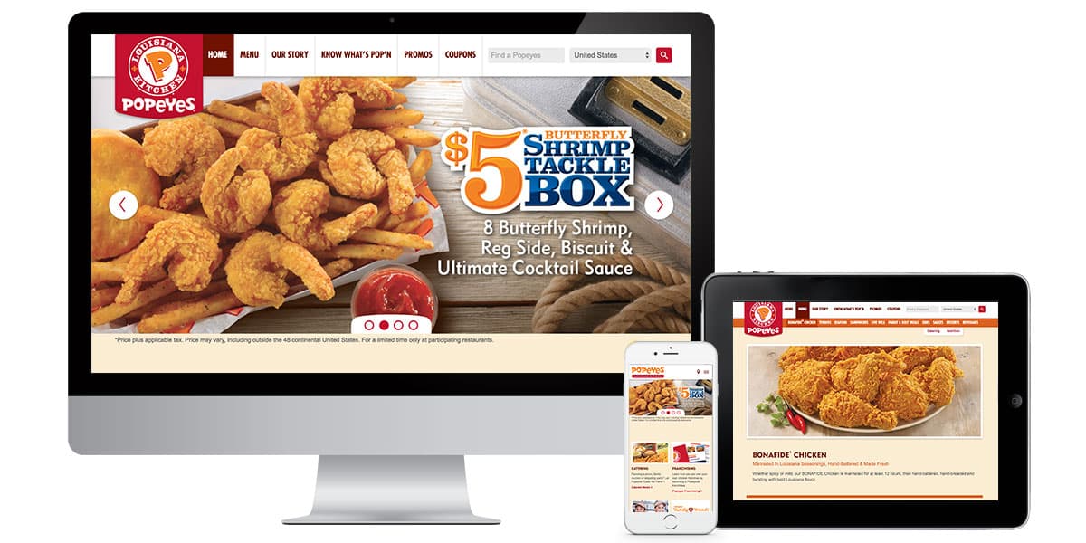 Popeyes.com website pages displayed on desktop, tablet, and phone devices demonstrating responsiveness.