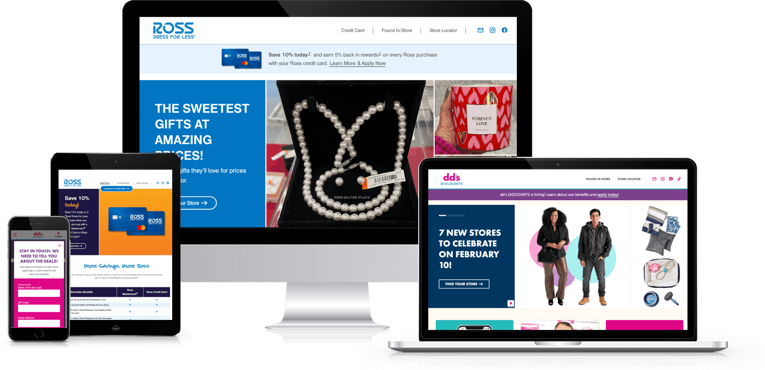 Desktop, laptop, tablet, and phone demonstrating responsiveness of Ross and dd's websites